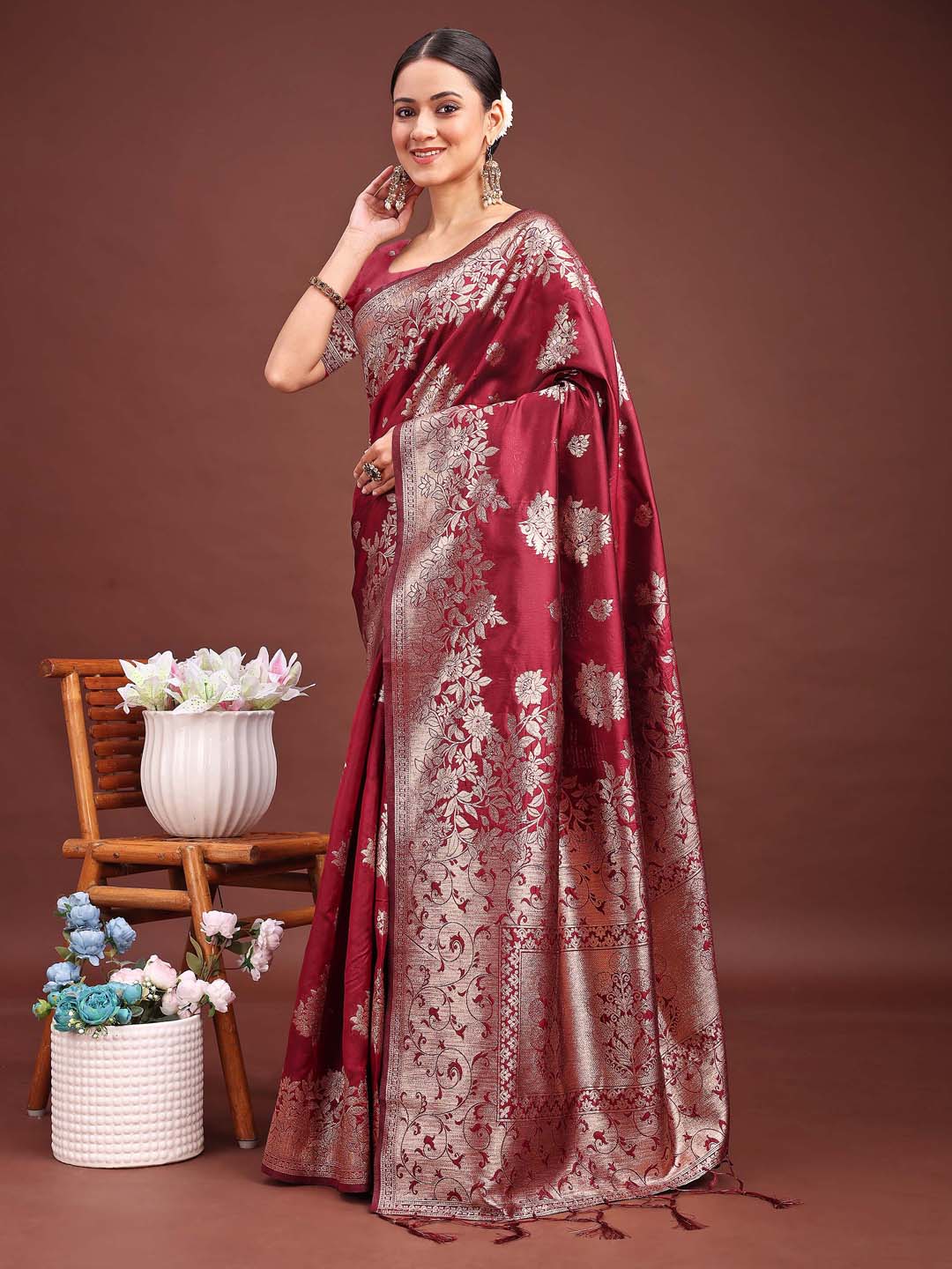 Marron Printed Banarasi Silk Saree