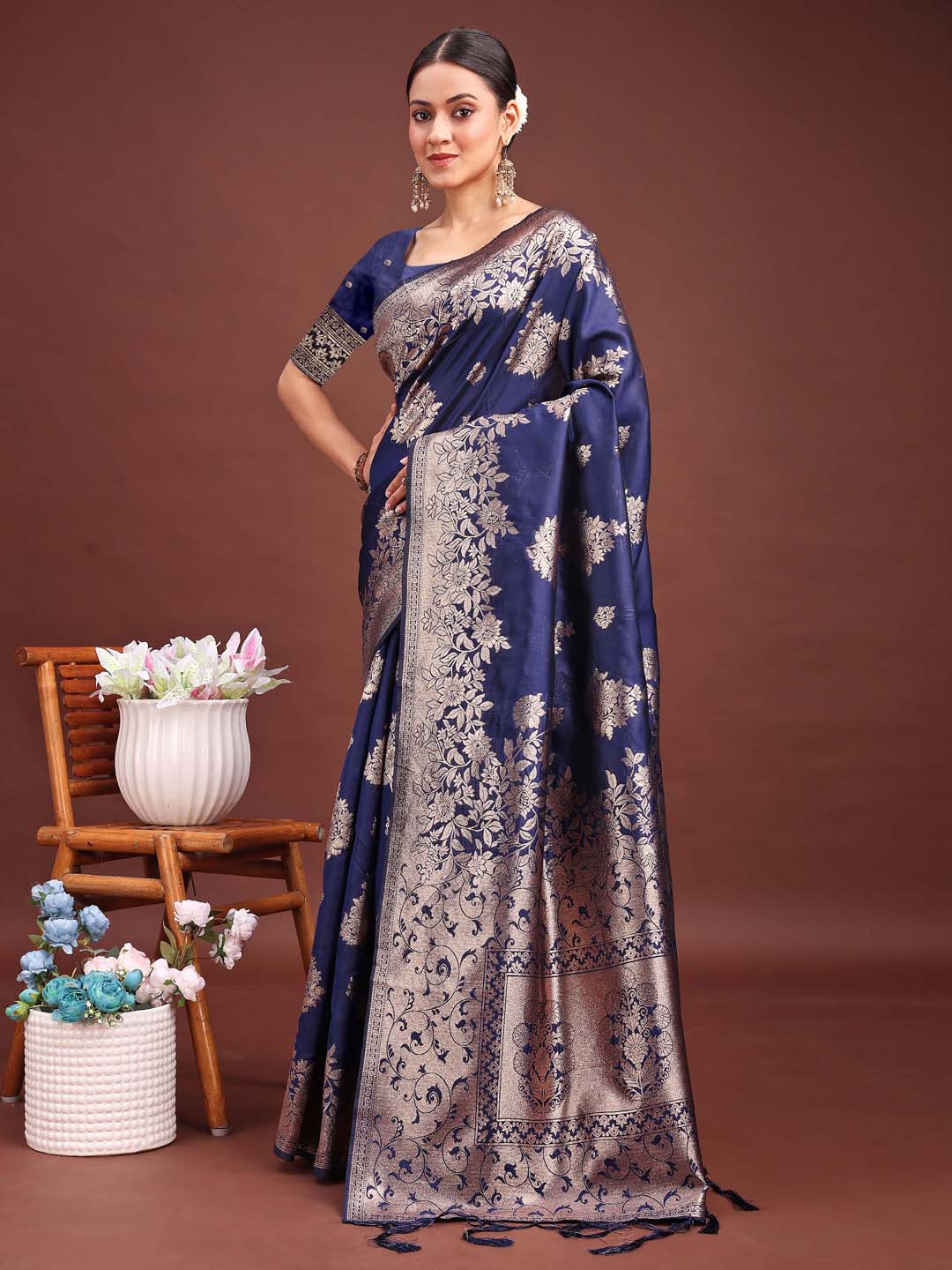 Navy Blue Banarasi Silk Saree