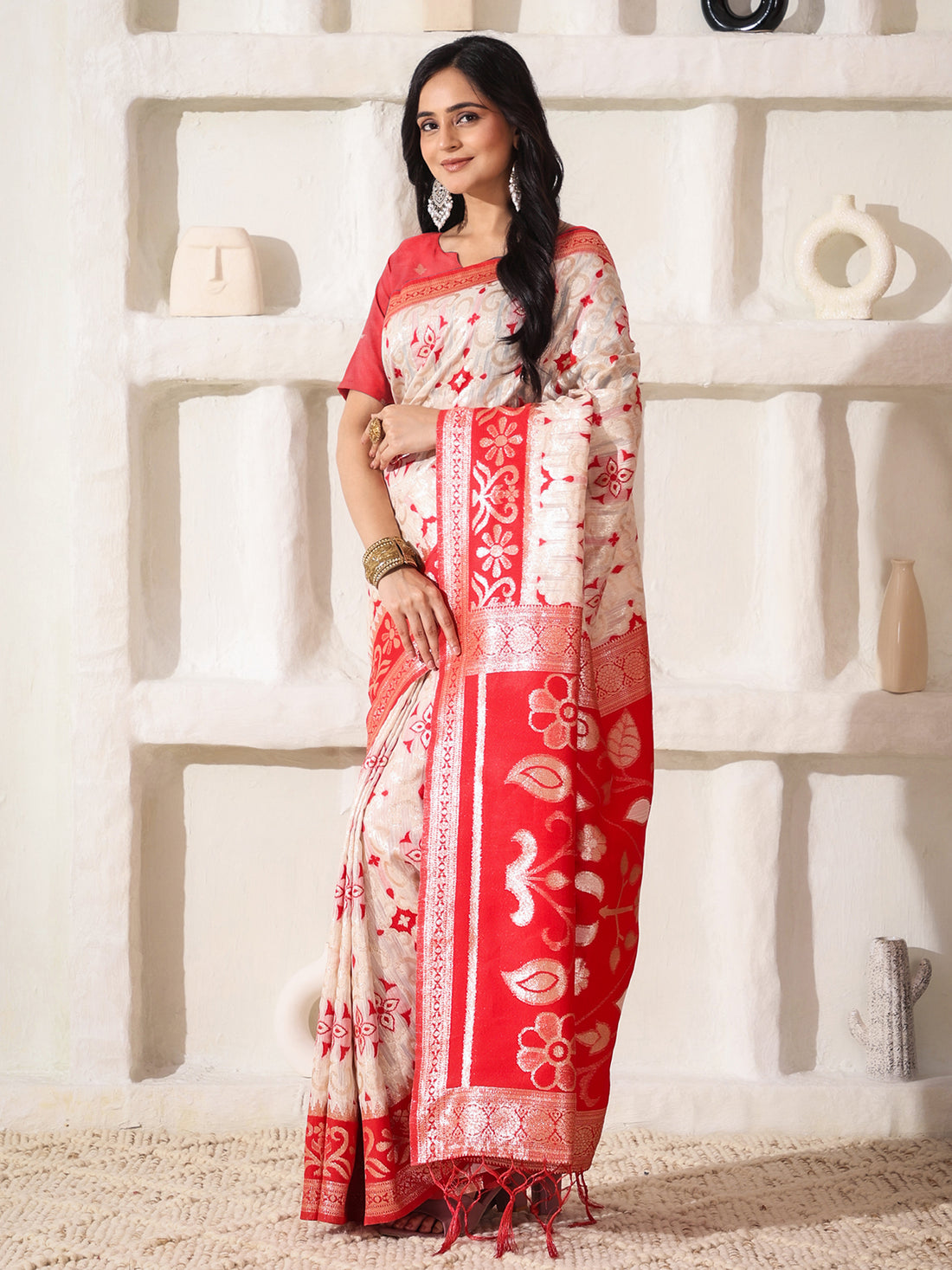Red & White Linen Cotton Saree