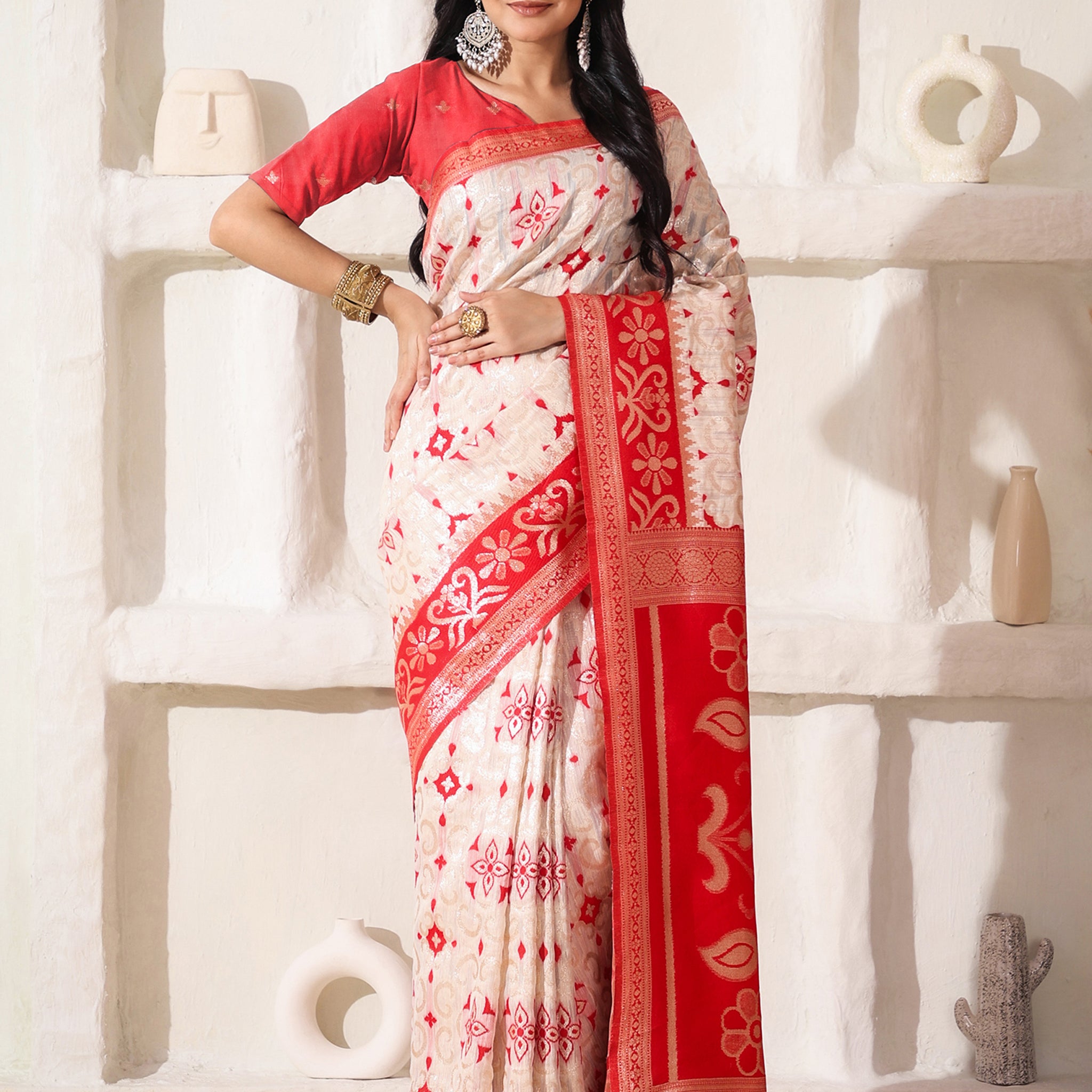 Red & White Linen Cotton Saree