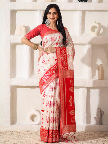 Red & White Linen Cotton Saree