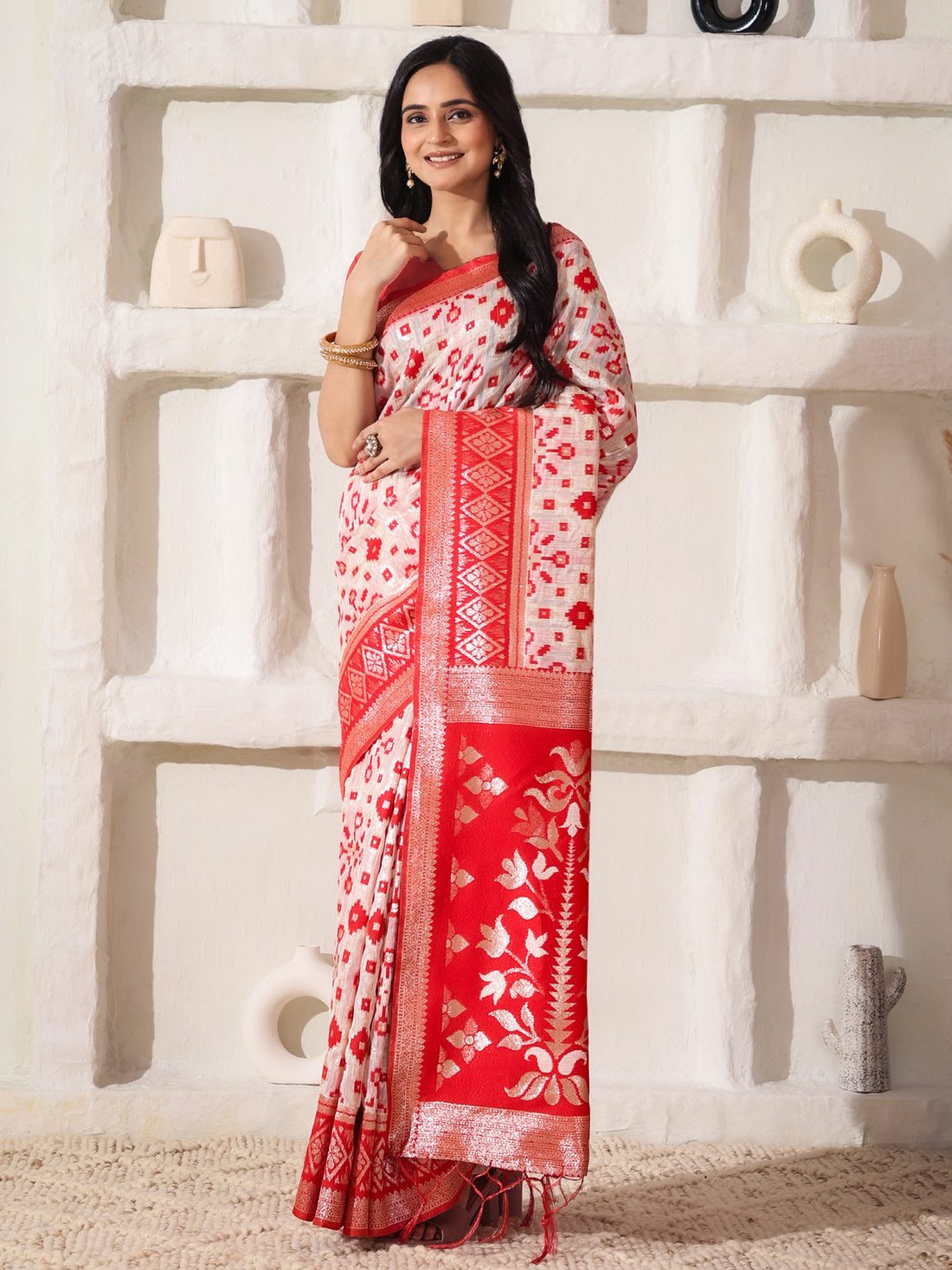 Red & White Linen Cotton Saree
