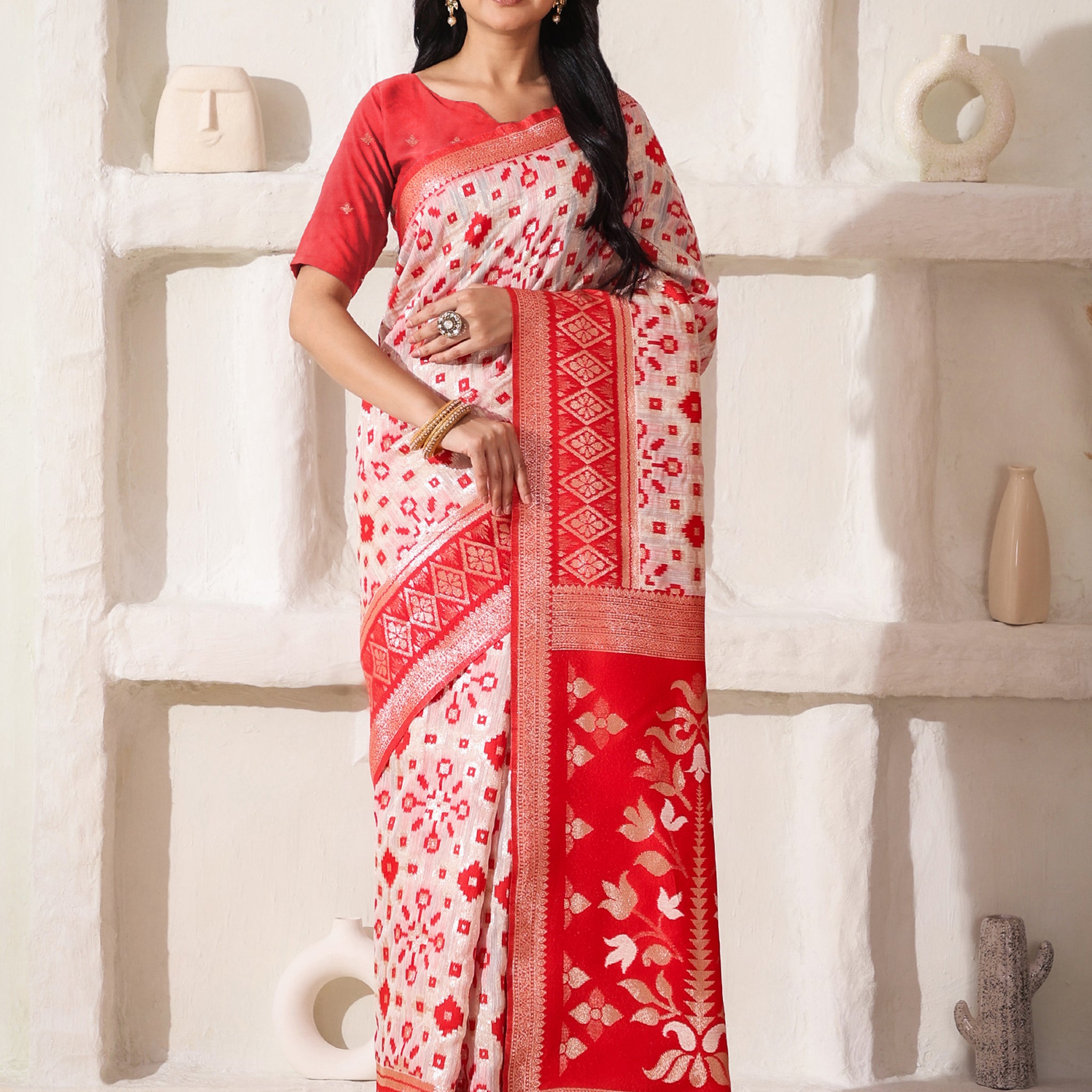 Red & White Linen Cotton Saree