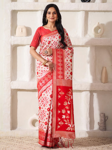Red & White Linen Cotton Saree