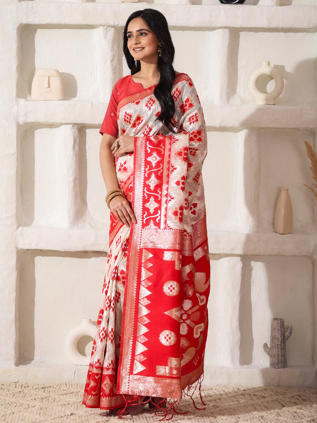 Red & White Linen Cotton Saree