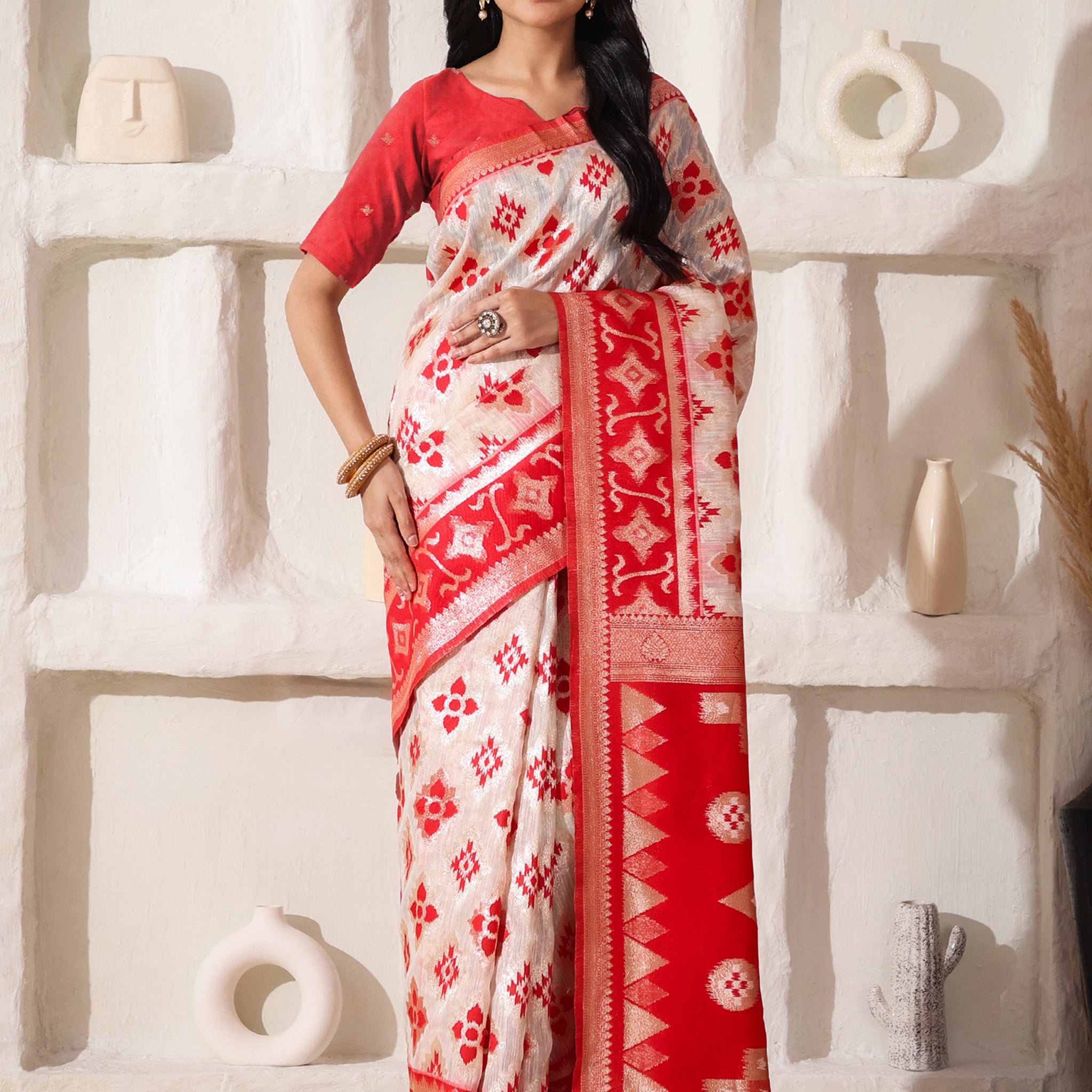 Red & White Linen Cotton Saree