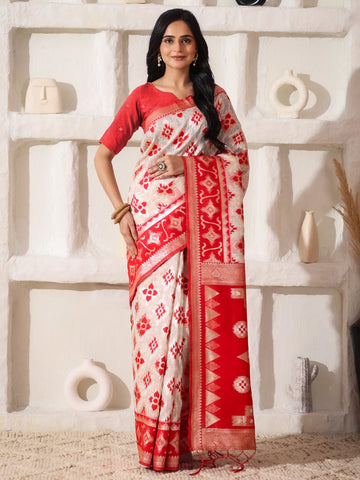 Red & White Linen Cotton Saree