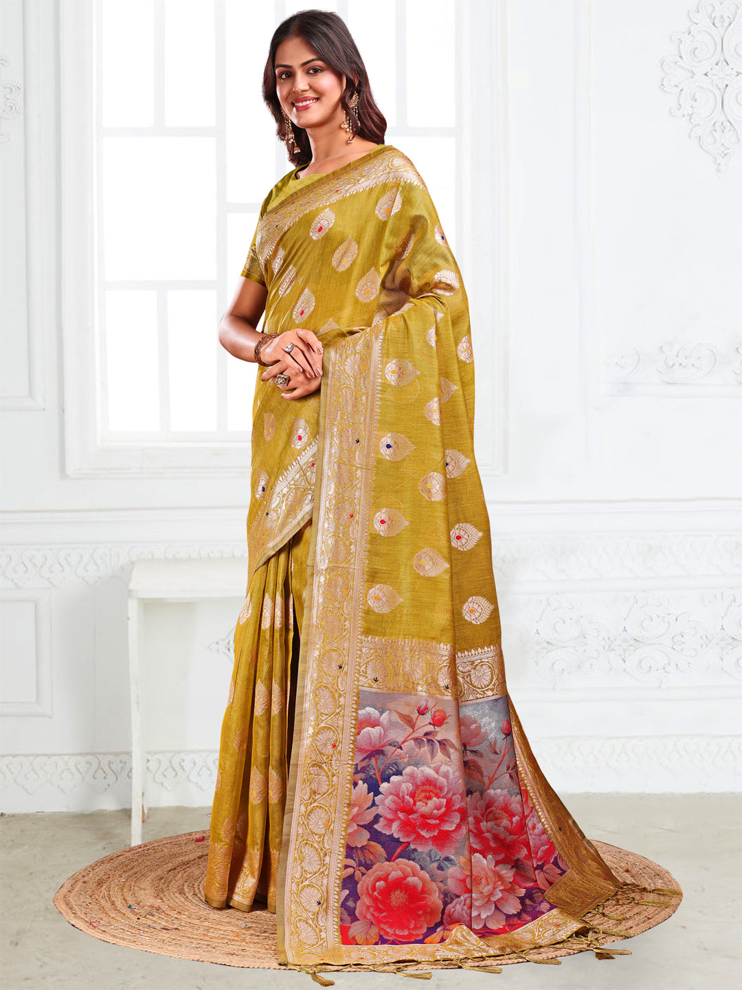 Olive Green Linen Cotton Saree