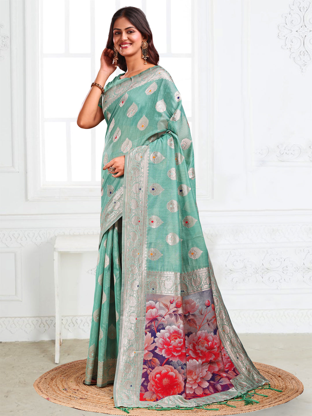 Rama Green Linen Cotton Saree