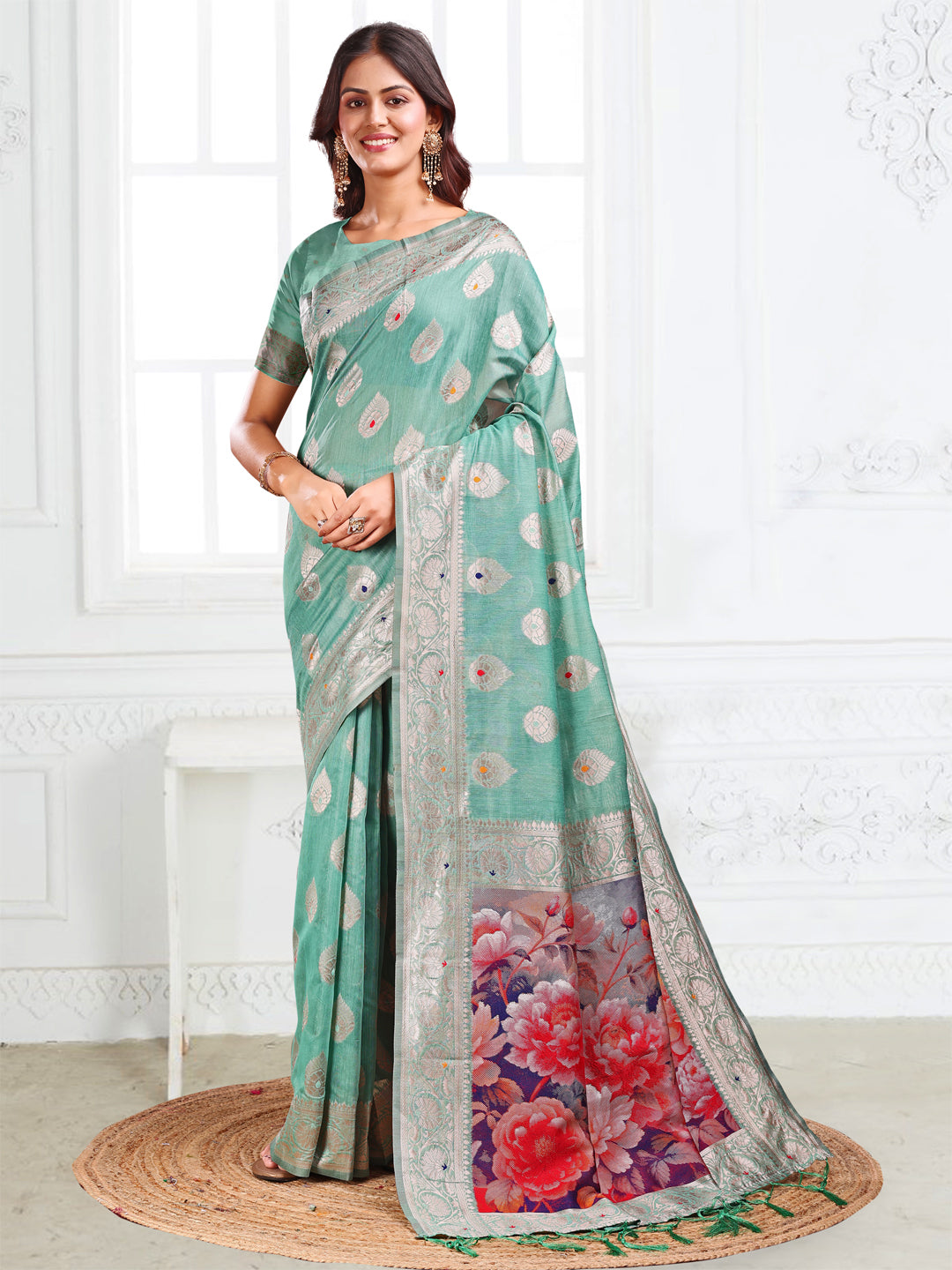 Rama Green Linen Cotton Saree