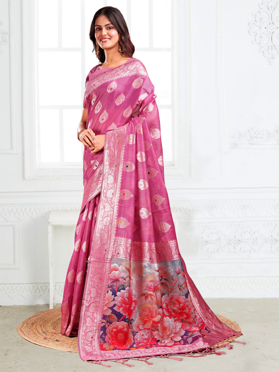 Pink Linen Cotton Saree