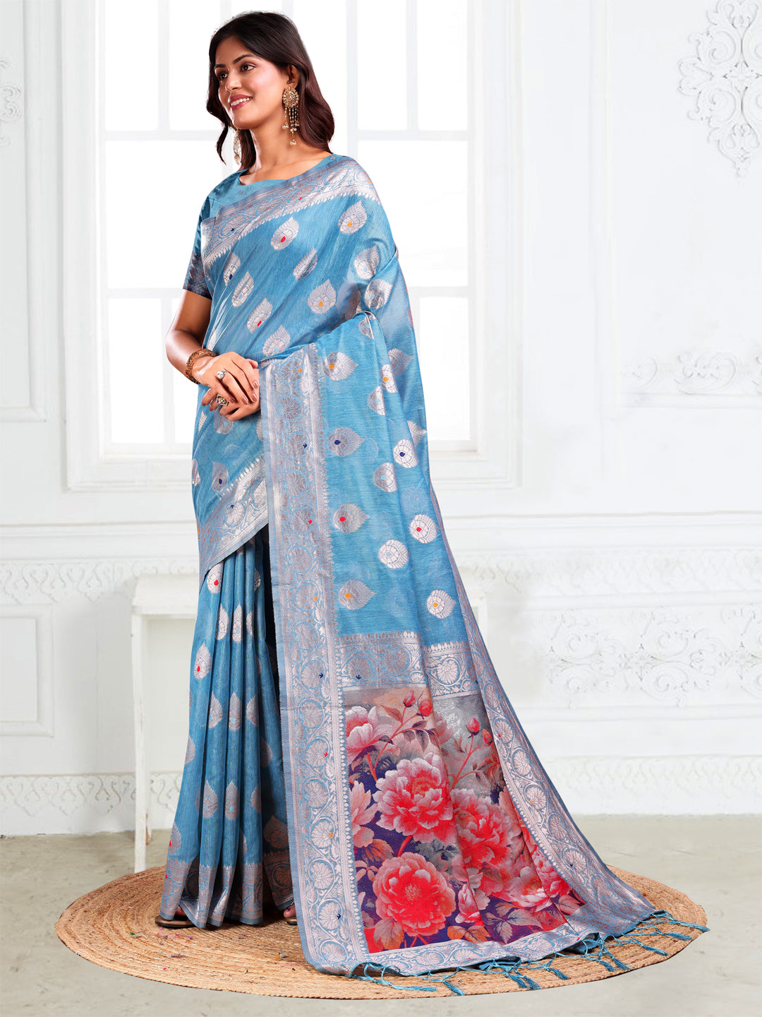 Sky Blue Linen Cotton Saree