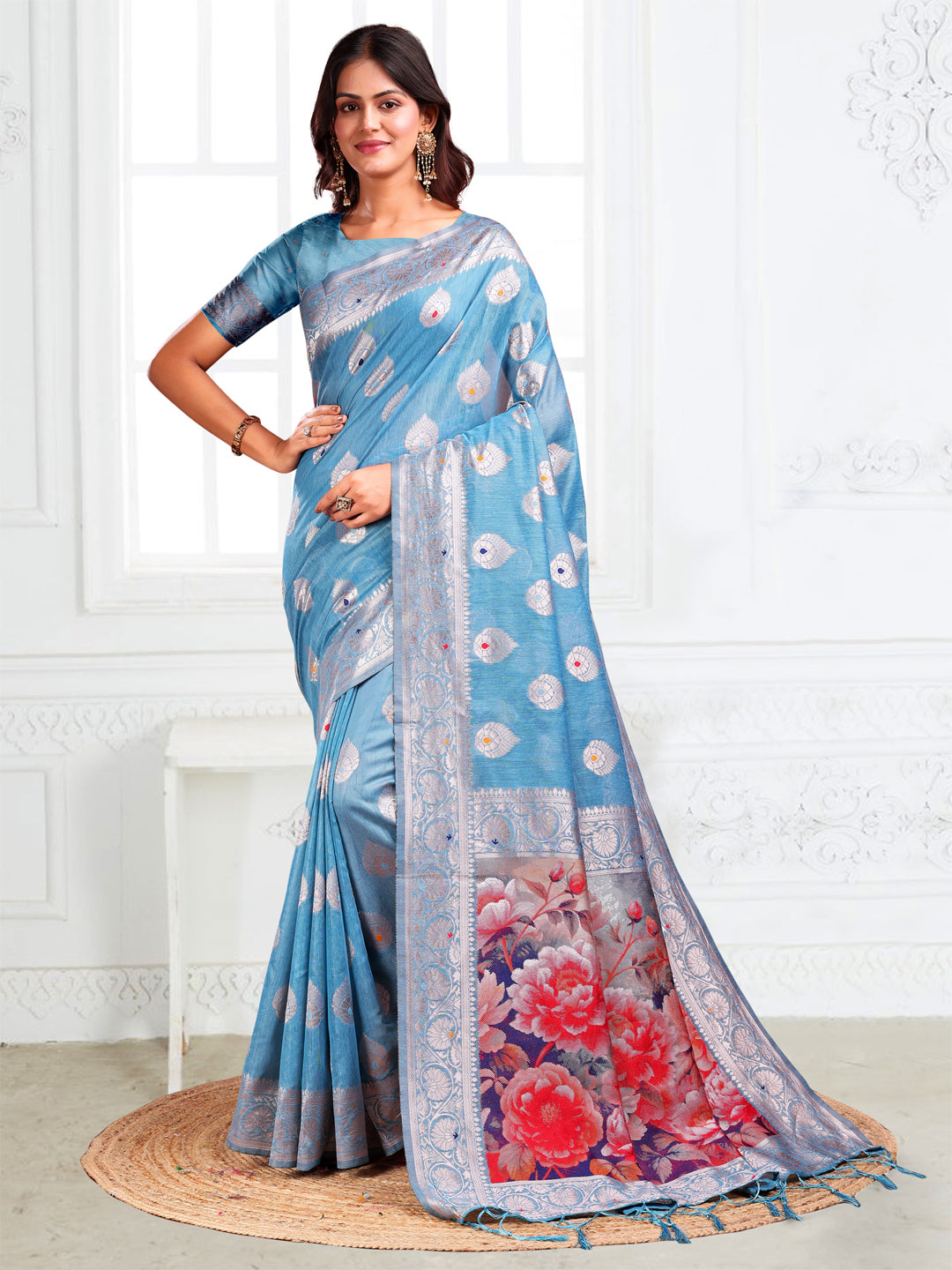 Sky Blue Linen Cotton Saree