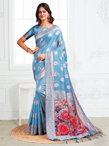 Sky Blue Linen Cotton Saree