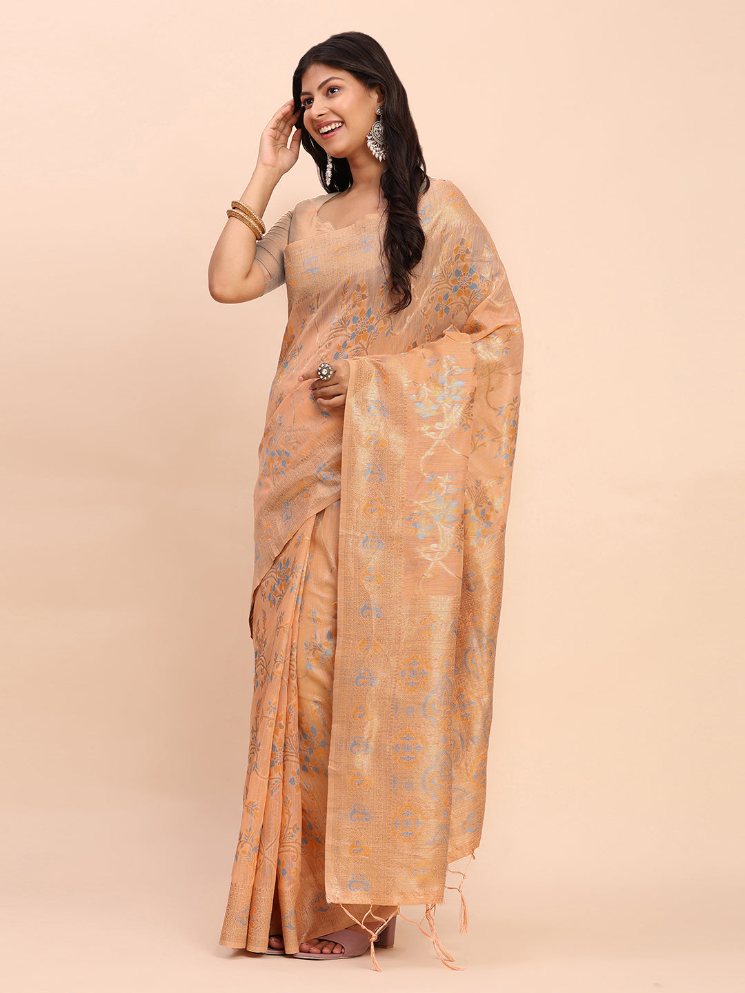 Orange Linen Cotton Saree