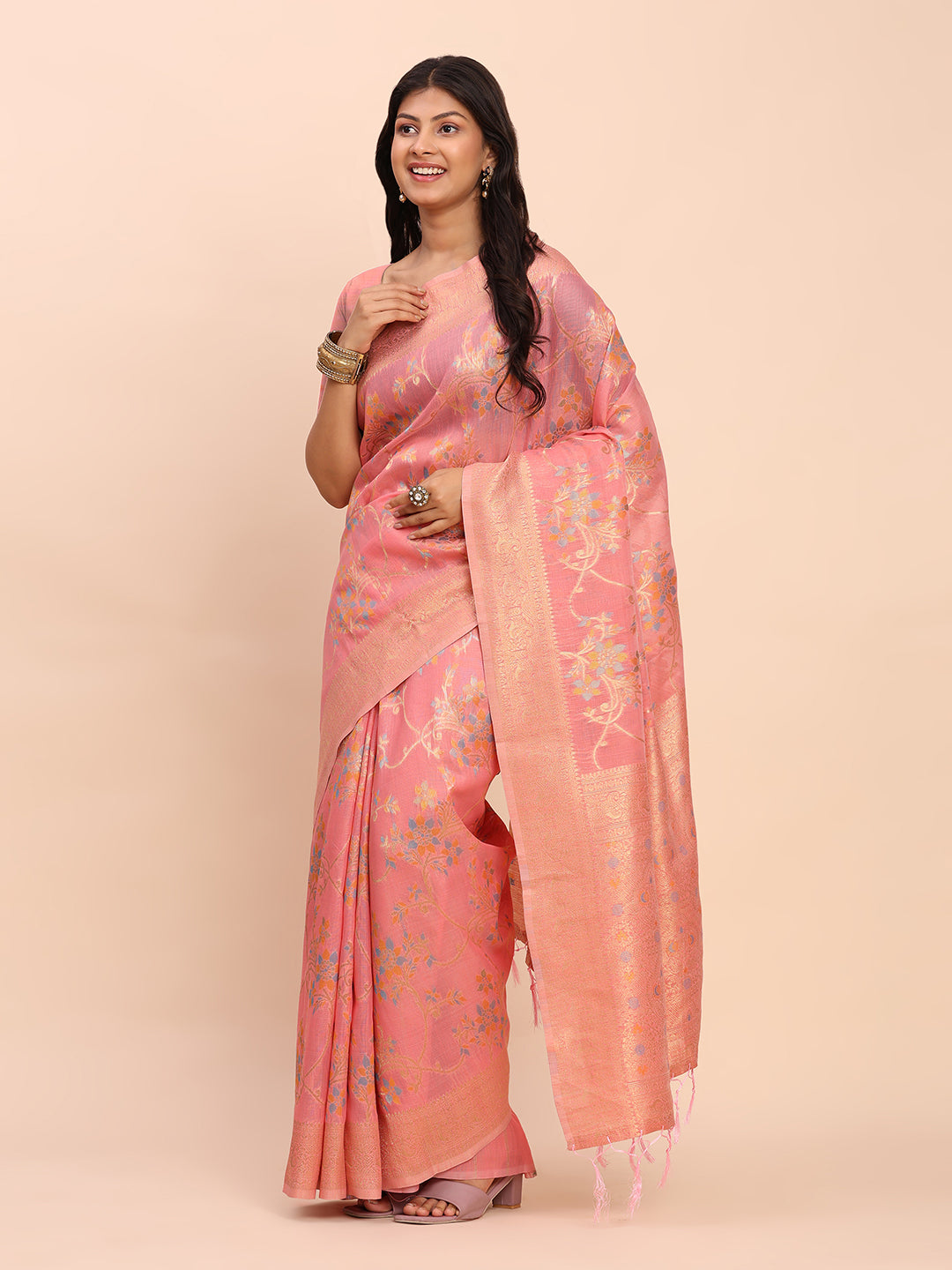 Peach Linen Cotton Saree