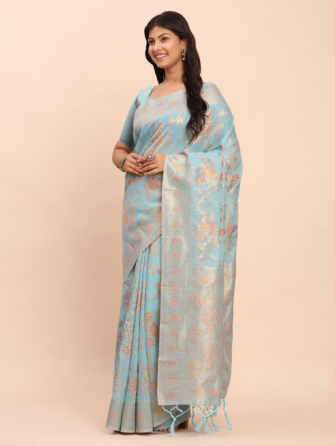 Sky Blue Linen Cotton Saree