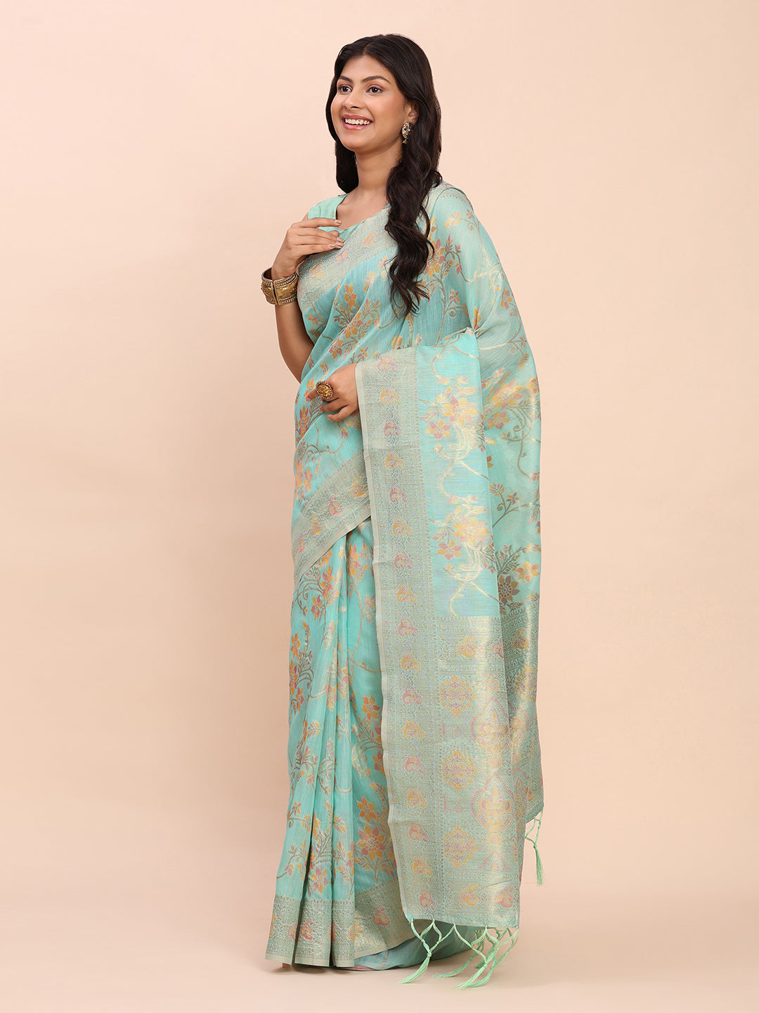 Sea Green Linen Cotton Saree
