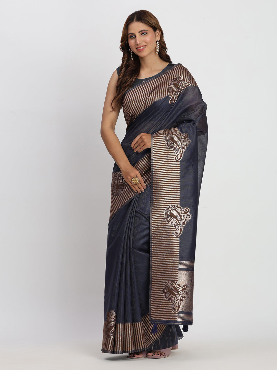 Navy Blue Linen Cotton Saree