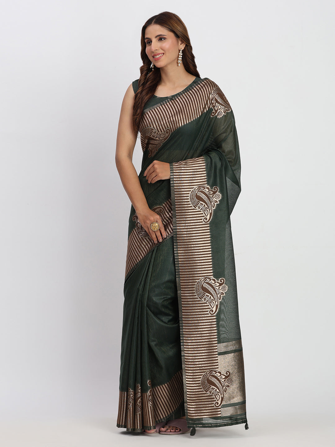 Dark Green Linen Cotton Saree