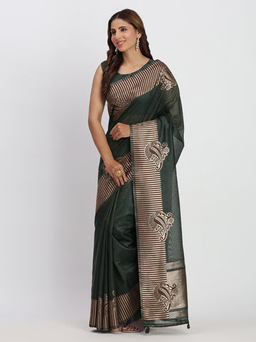 Dark Green Linen Cotton Saree