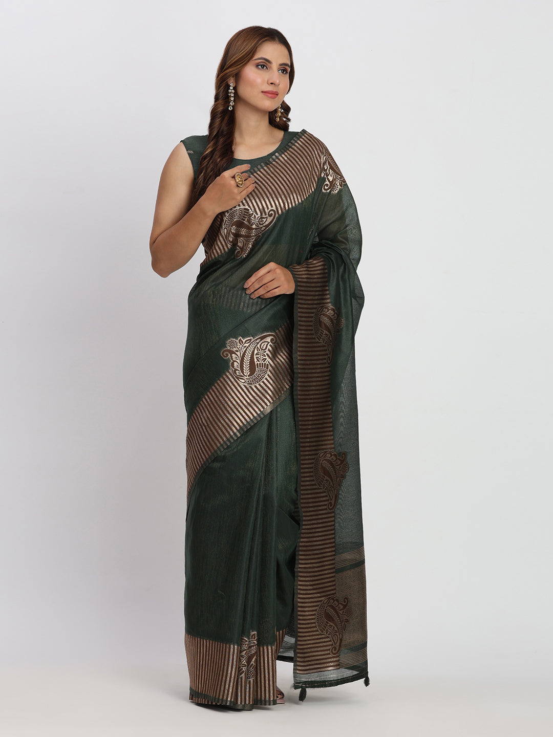 Dark Green Linen Cotton Saree