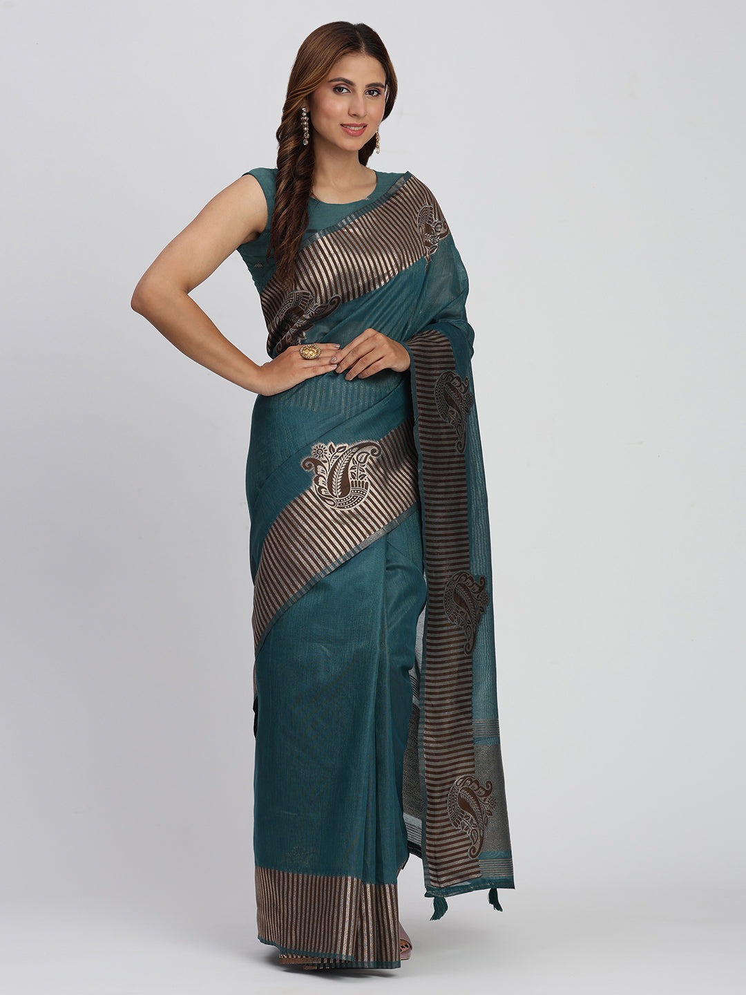 Teal Green Linen Cotton Saree
