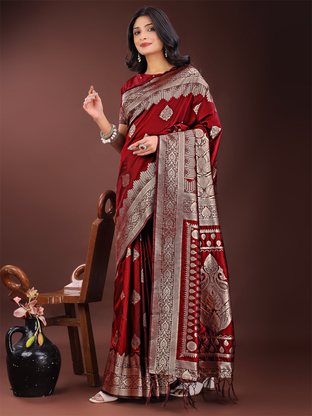 Marron & Gold Banarasi Silk Saree
