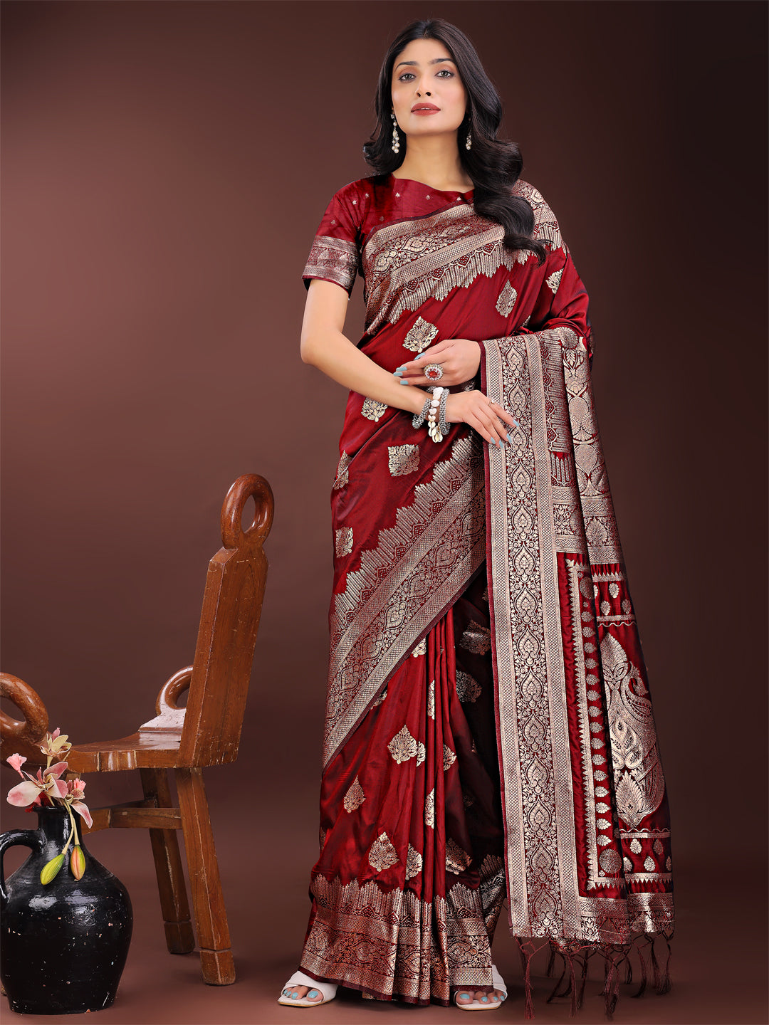 Marron & Gold Banarasi Silk Saree