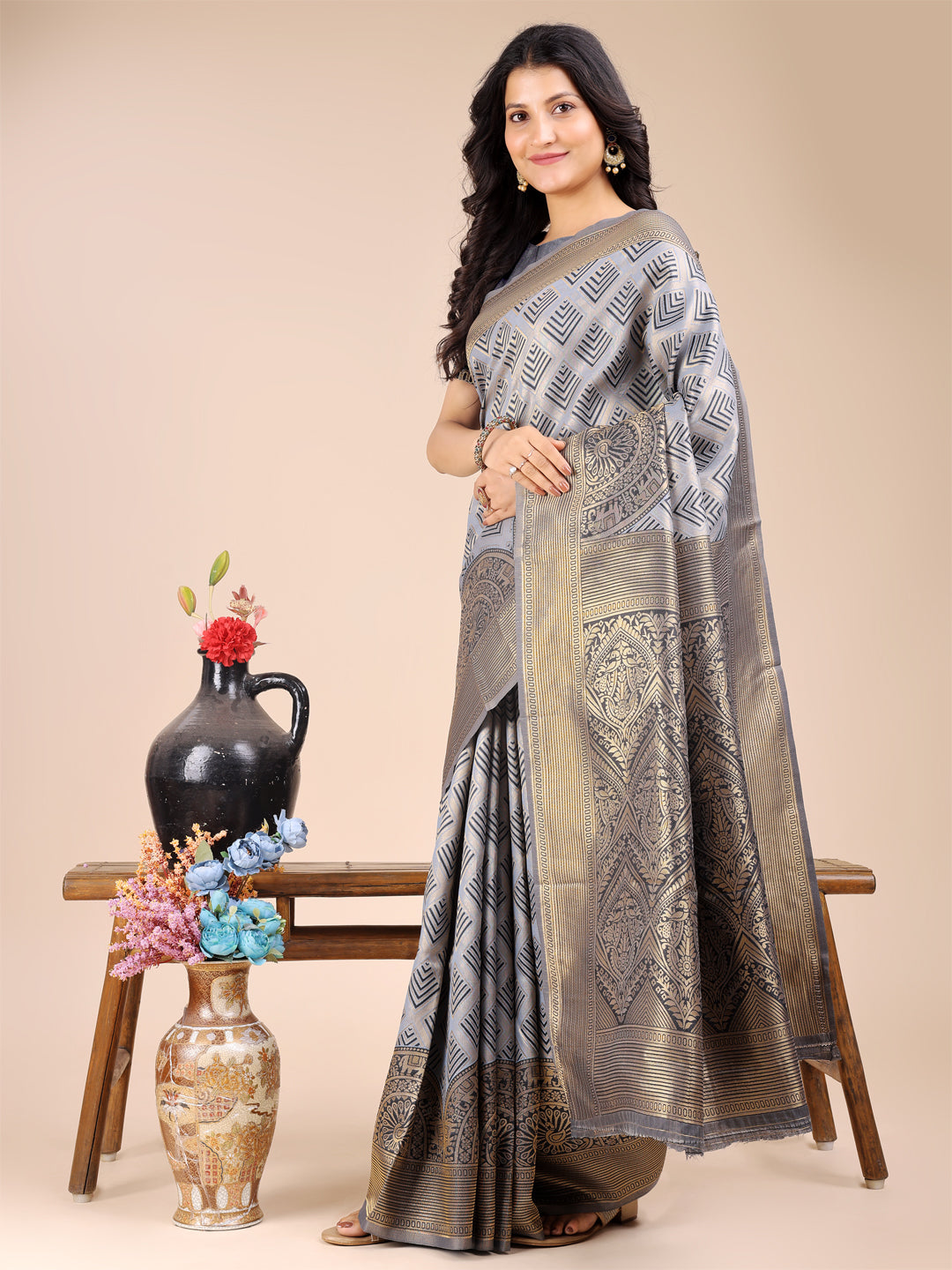 Gray Banarasi Silk Saree
