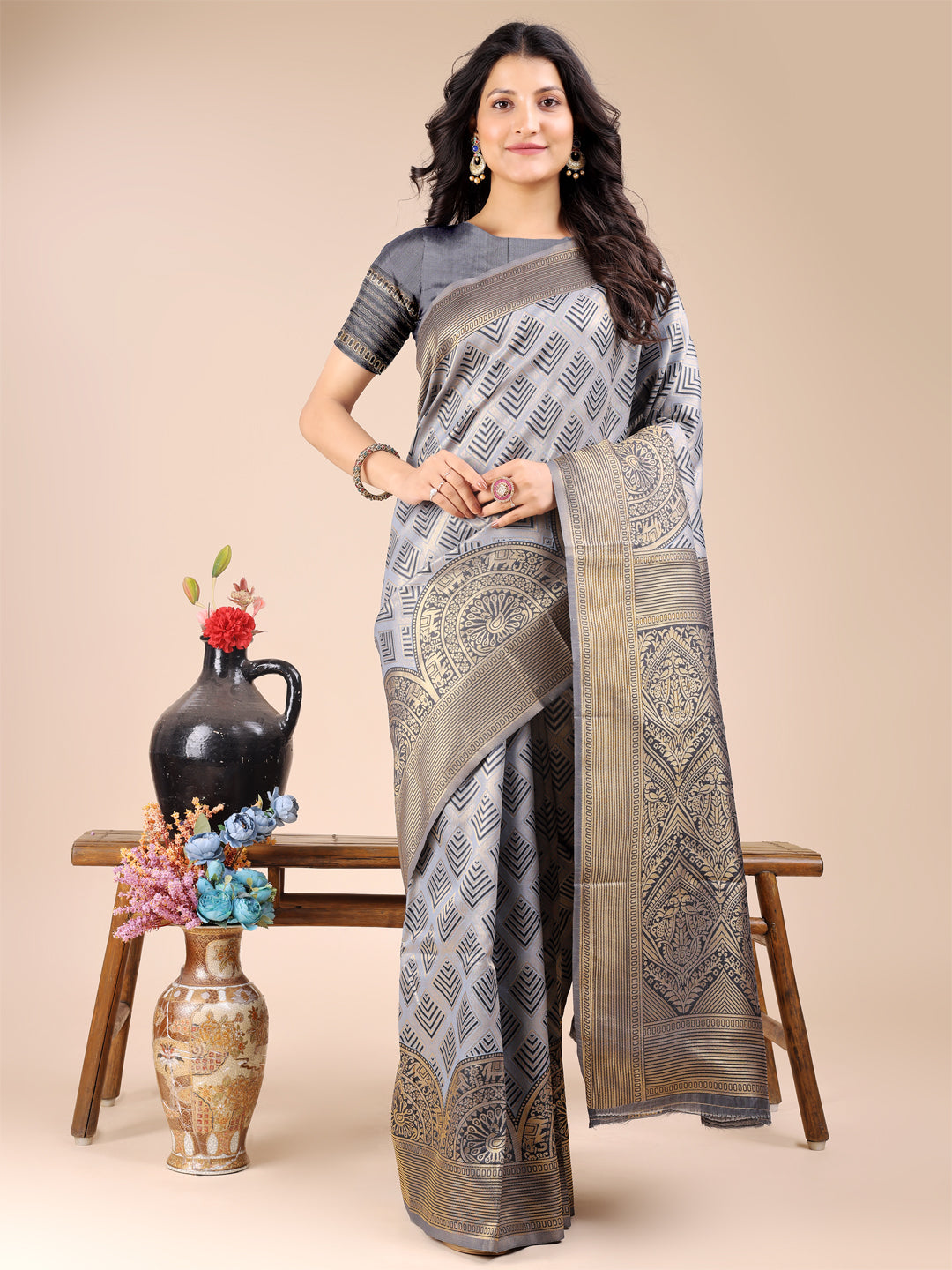 Gray Banarasi Silk Saree