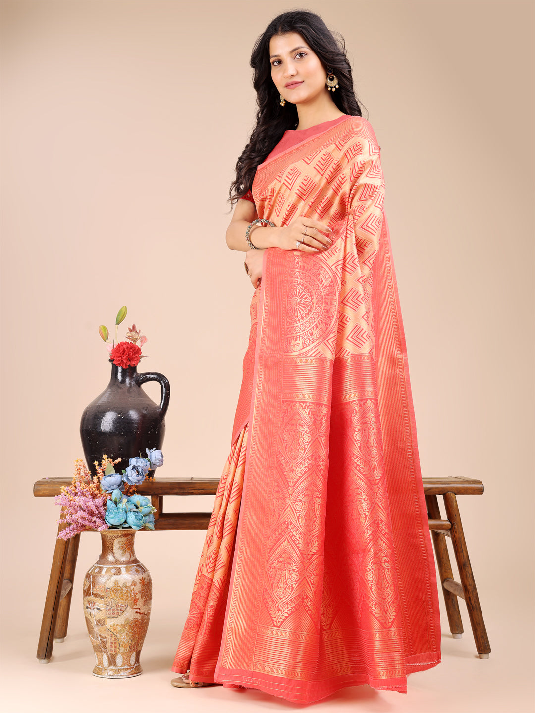 Peach Banarasi Silk Saree