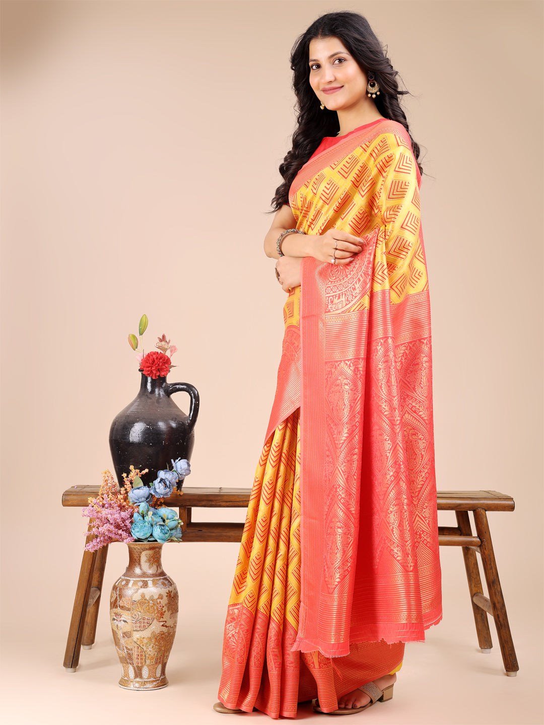 Yellow & Red Banarasi Silk Saree