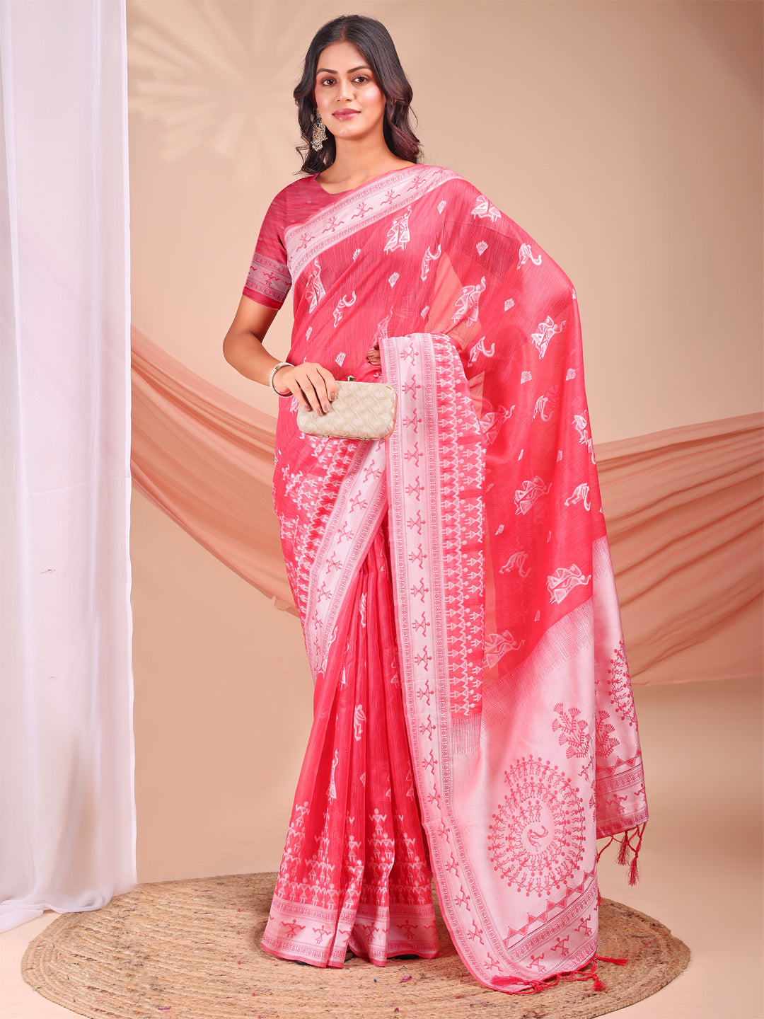Pink Linen Cotton Saree