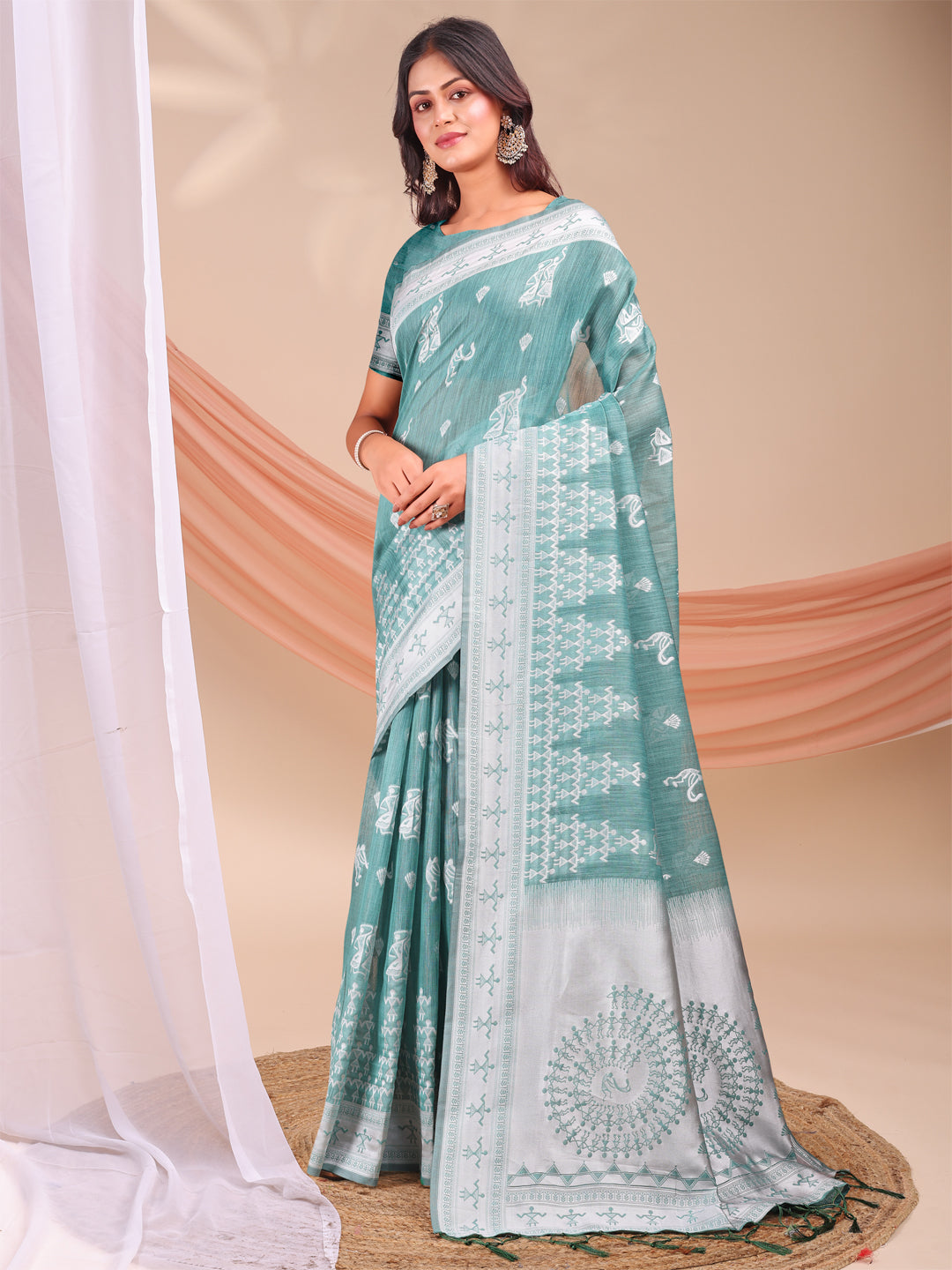 Sea Green Linen Cotton Saree