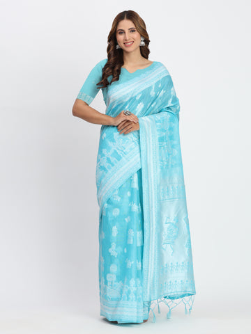 Sky Blue Linen Cotton Saree