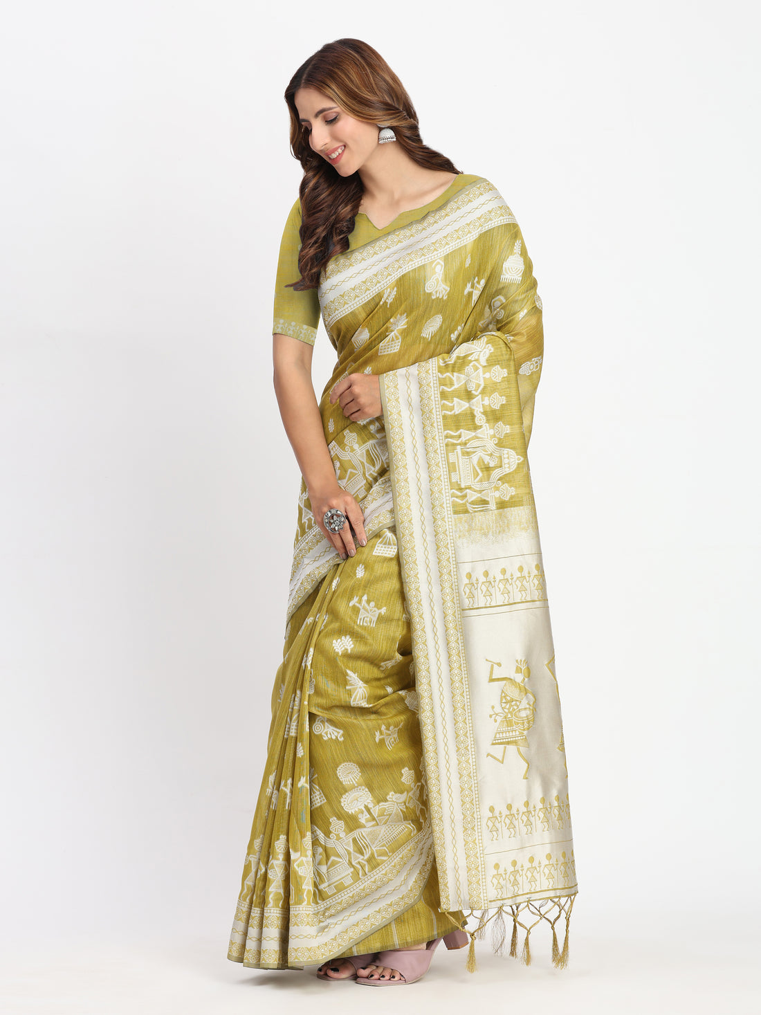 Olive Green Linen Cotton Saree