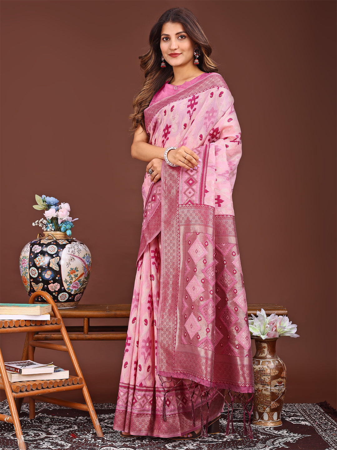 Pink Linen Cotton Saree