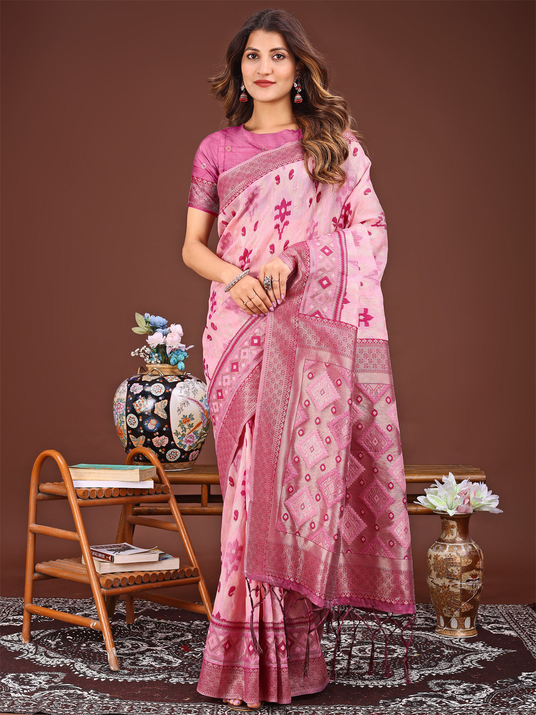 Pink Linen Cotton Saree