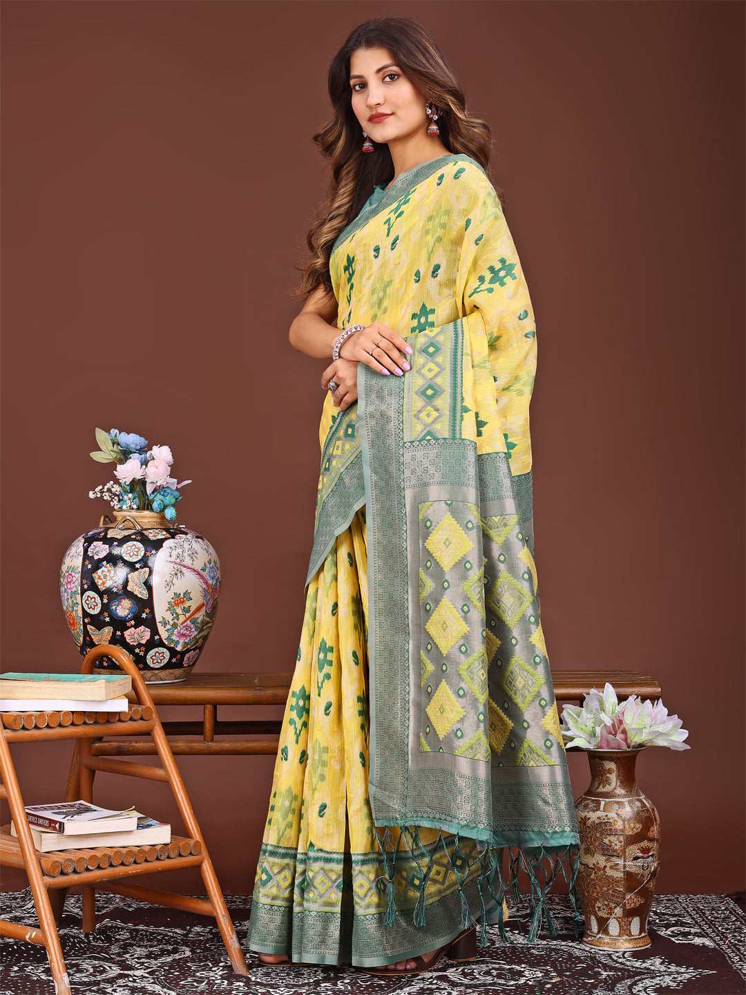 Yellow Linen Cotton Saree
