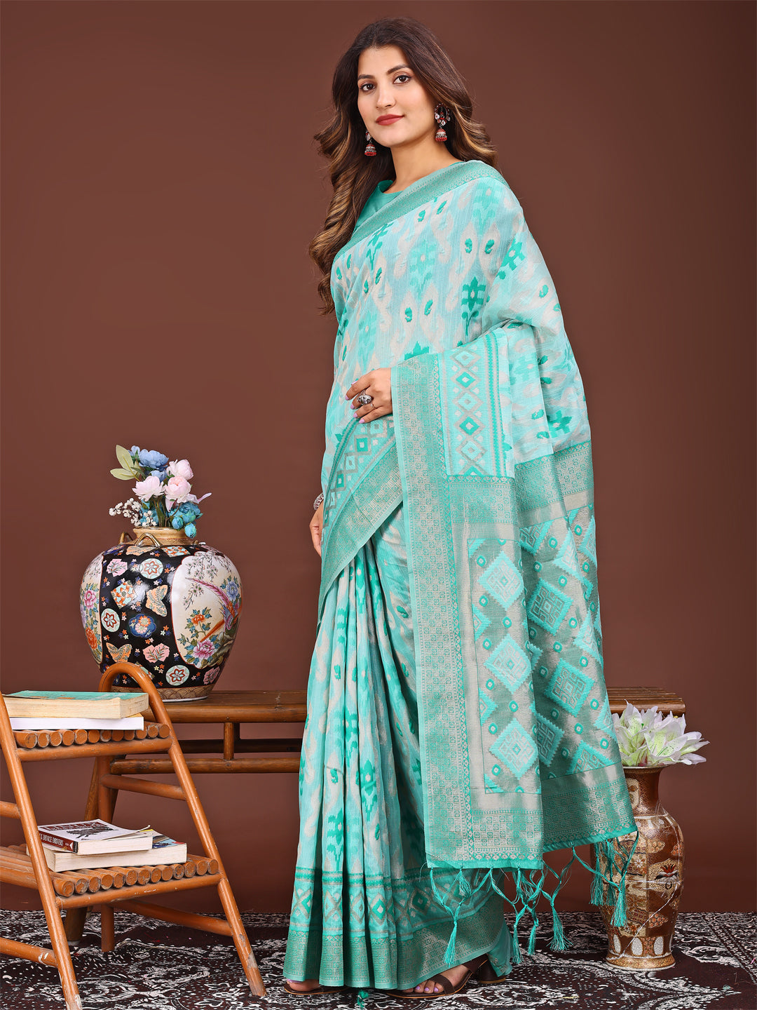 Sea Green Linen Cotton Saree