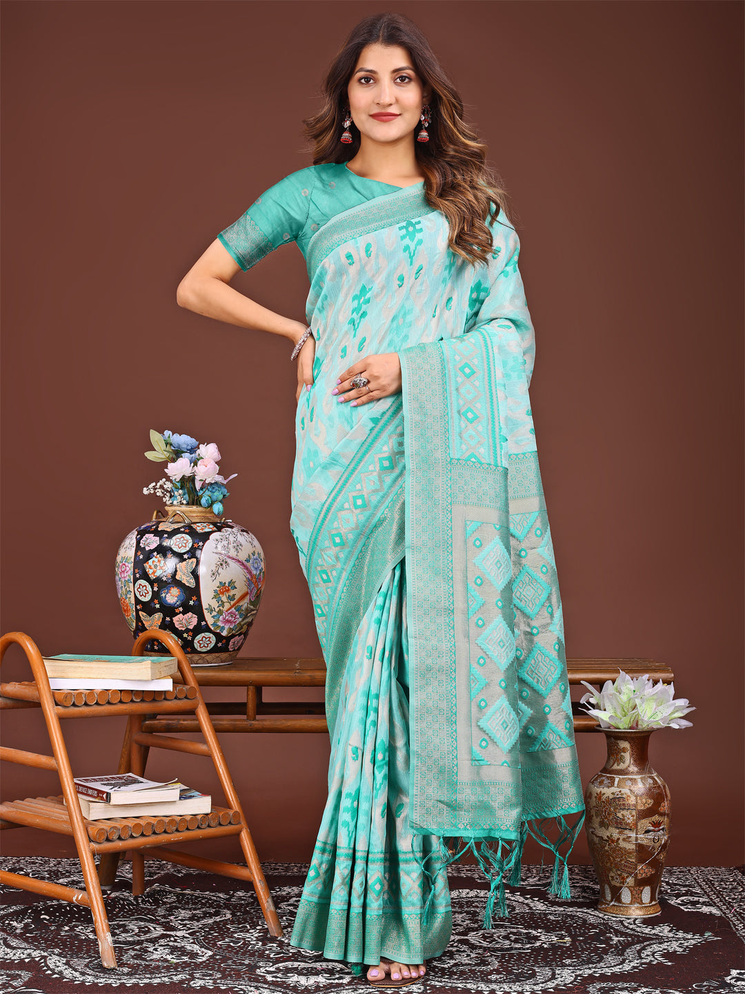 Sea Green Linen Cotton Saree