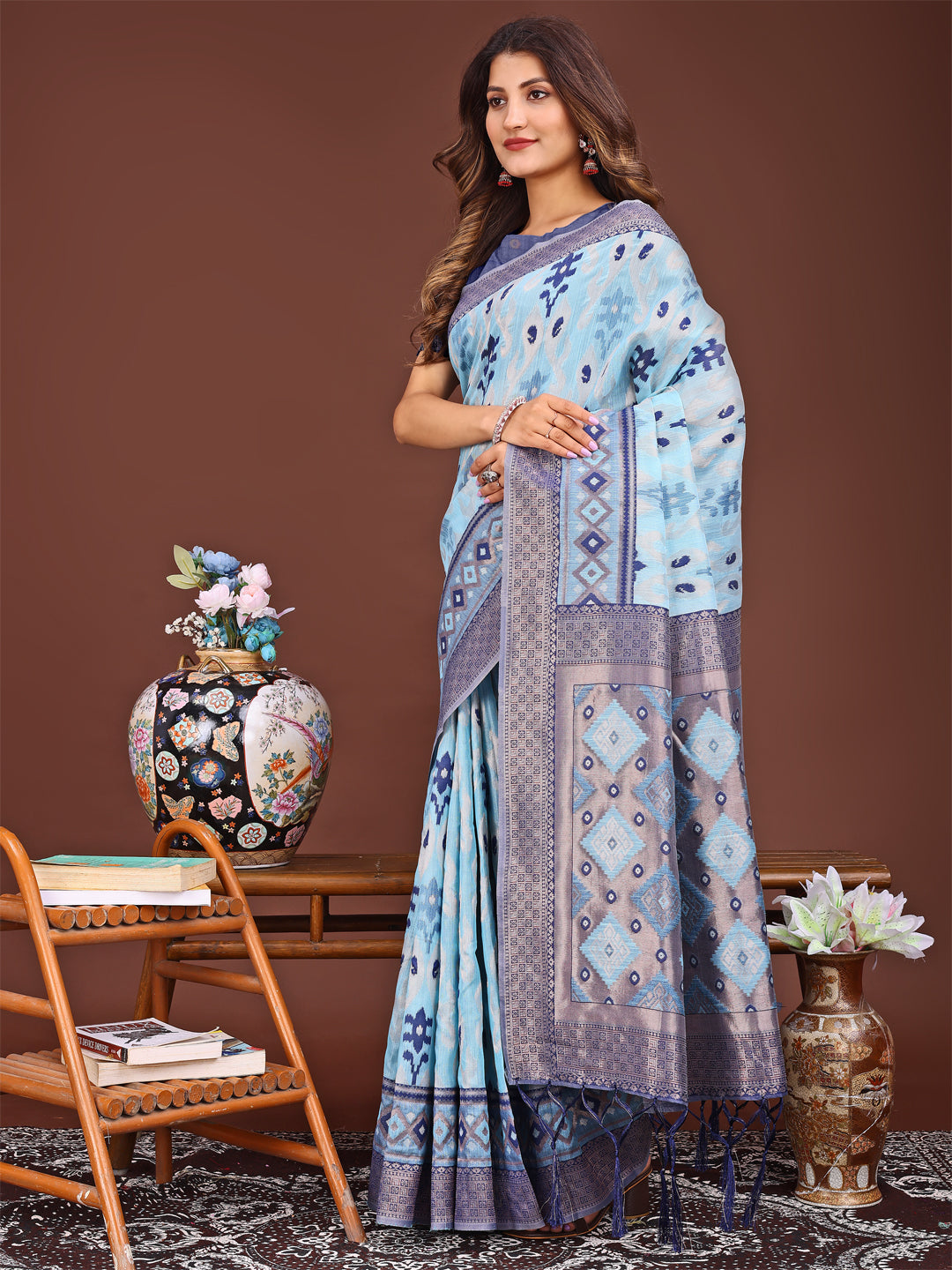 Sky Blue Linen Cotton Saree