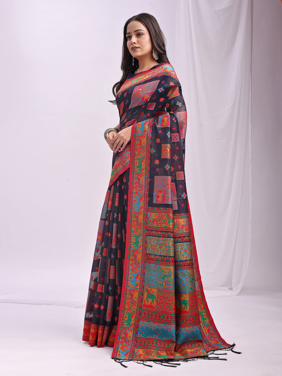 Navy Blue Linen Cotton Saree