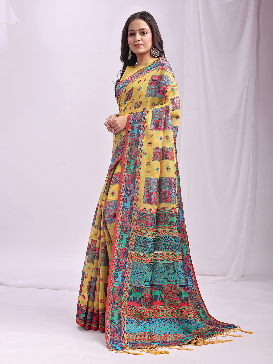 Yellow Linen Cotton Saree