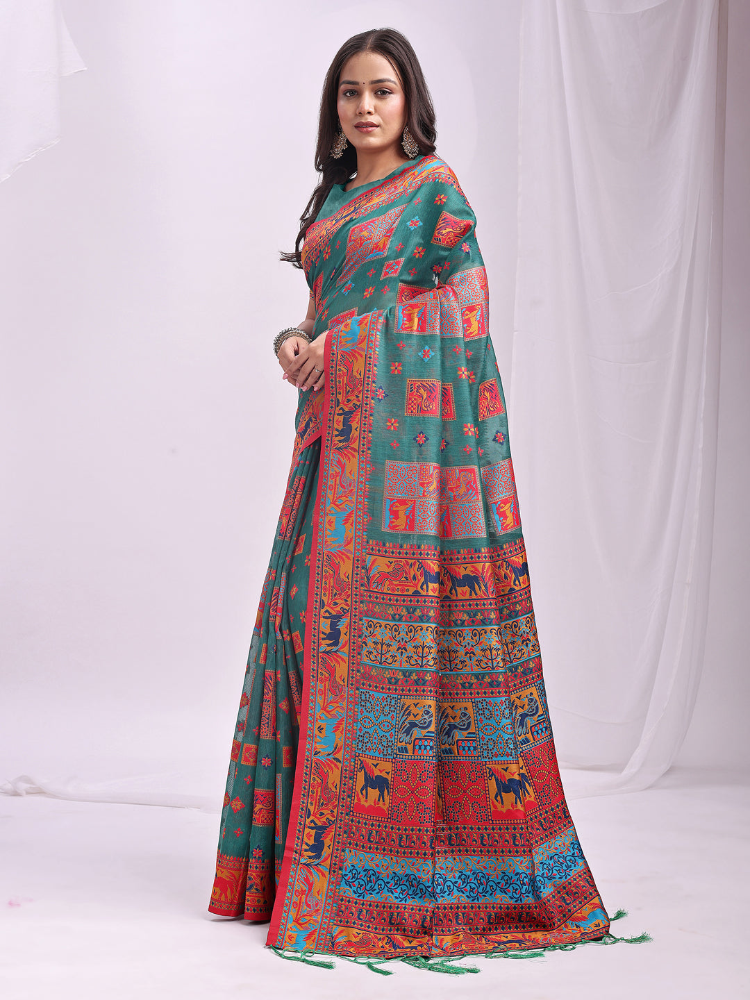 Rama Green Linen Cotton Saree