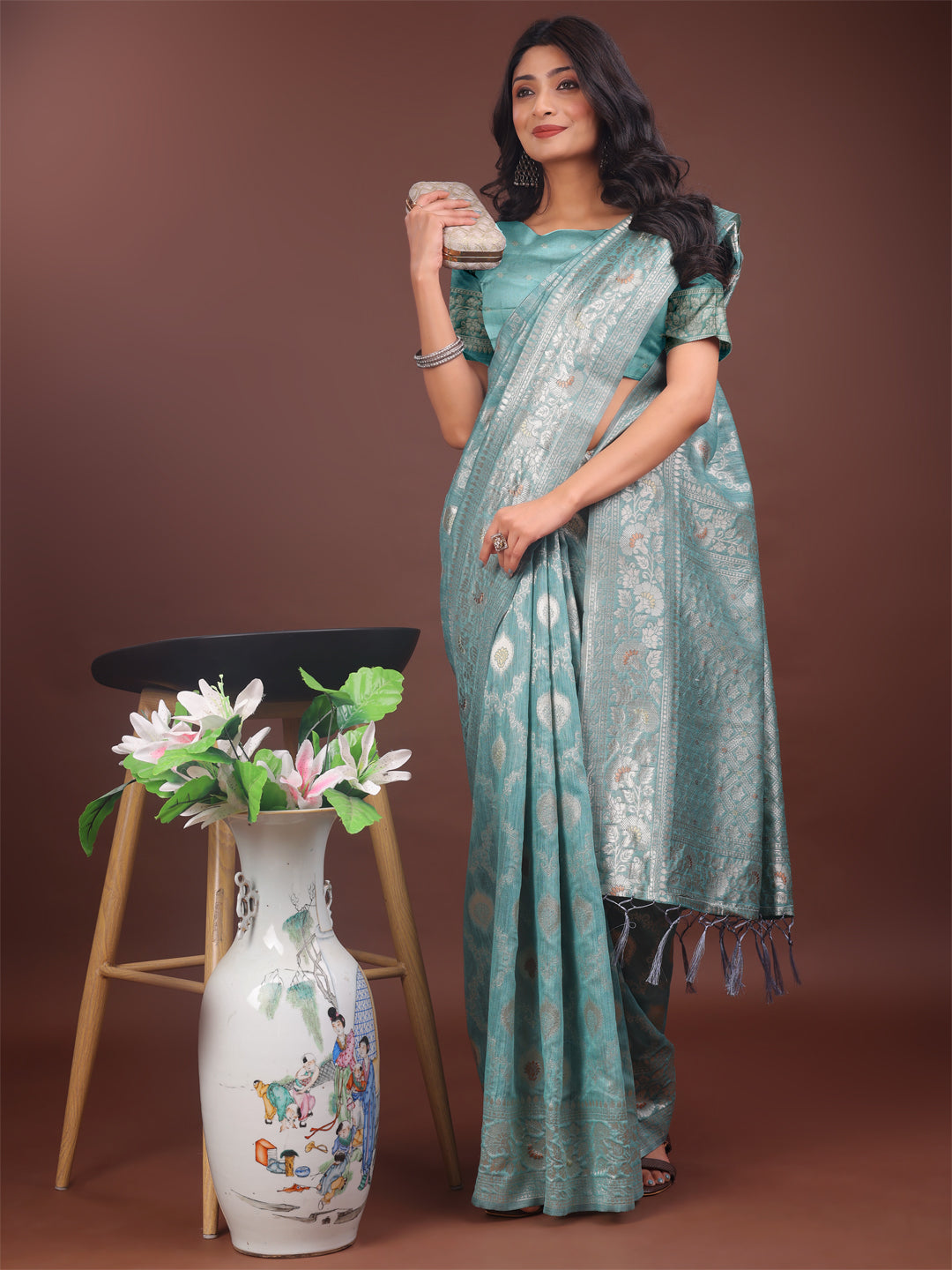Sea Green Linen Cotton Saree