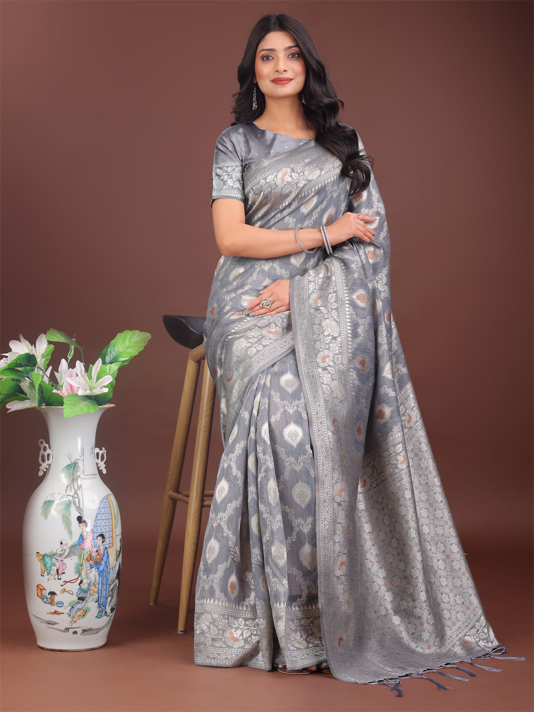 Gray Linen Cotton Saree