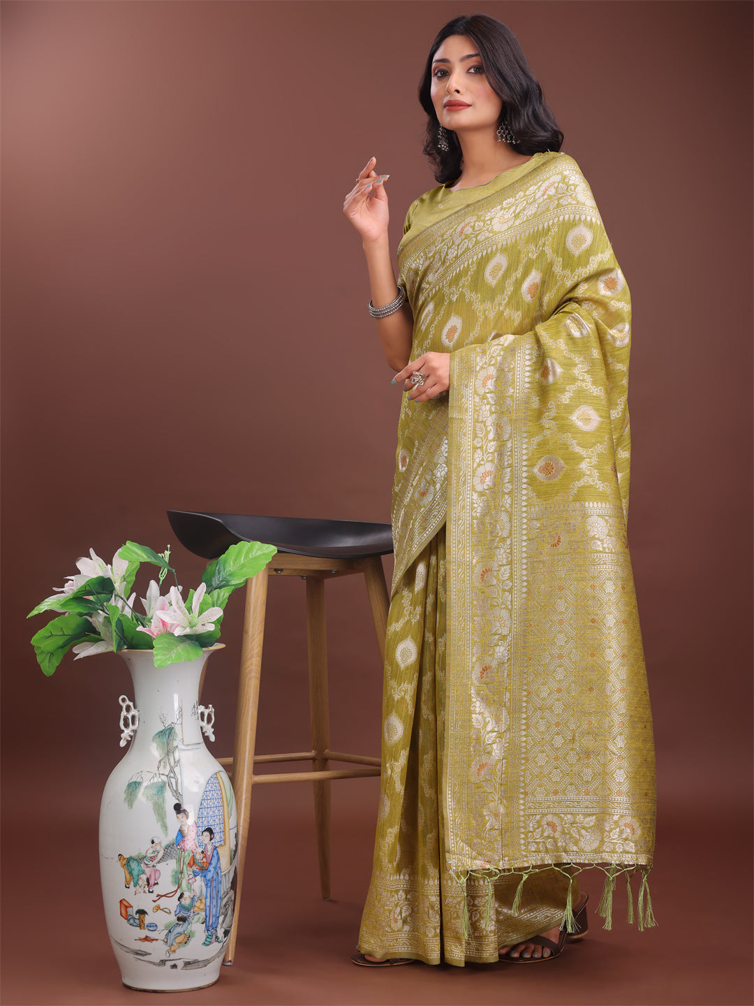 Mustard Yellow Linen Cotton Saree