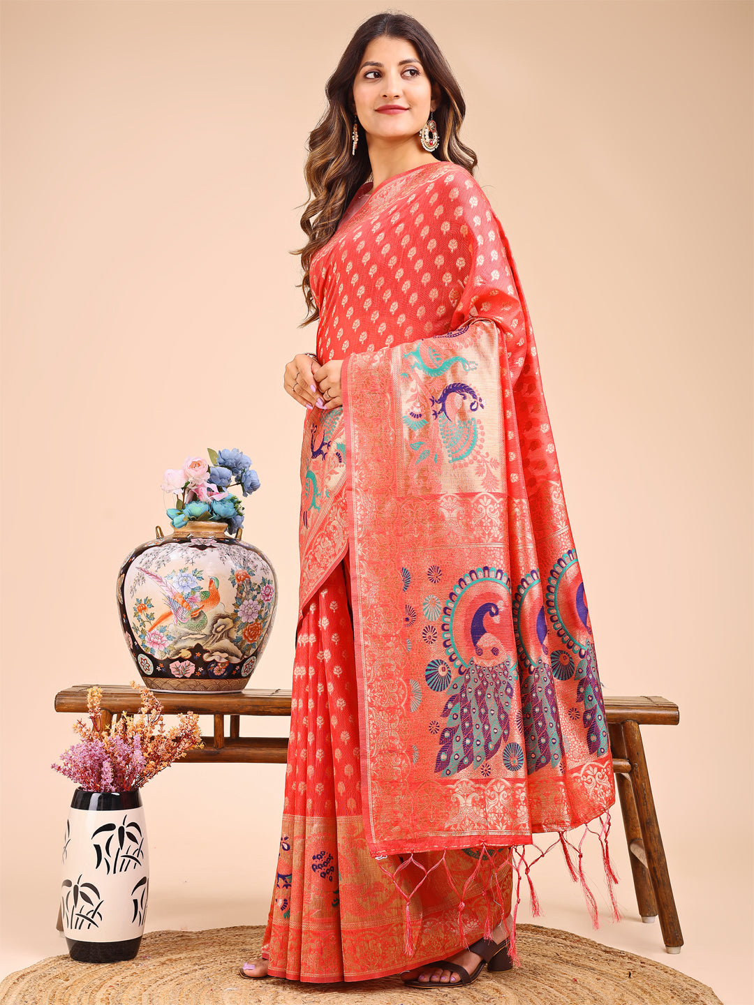 Peach Linen Cotton Saree